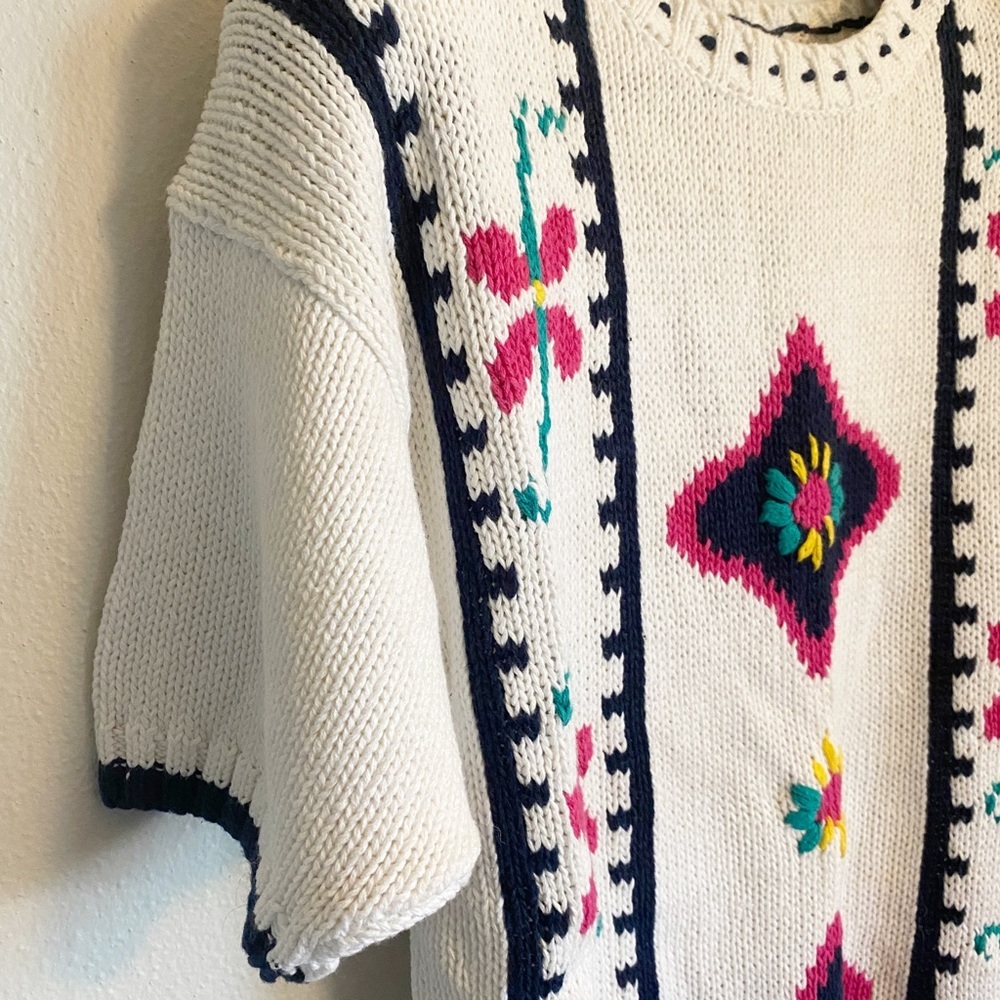 Vintage Lauren Grey Knit Floral Colorful Short Sleeve Sweater NWT Oversized Sz M - Picture 3 of 7